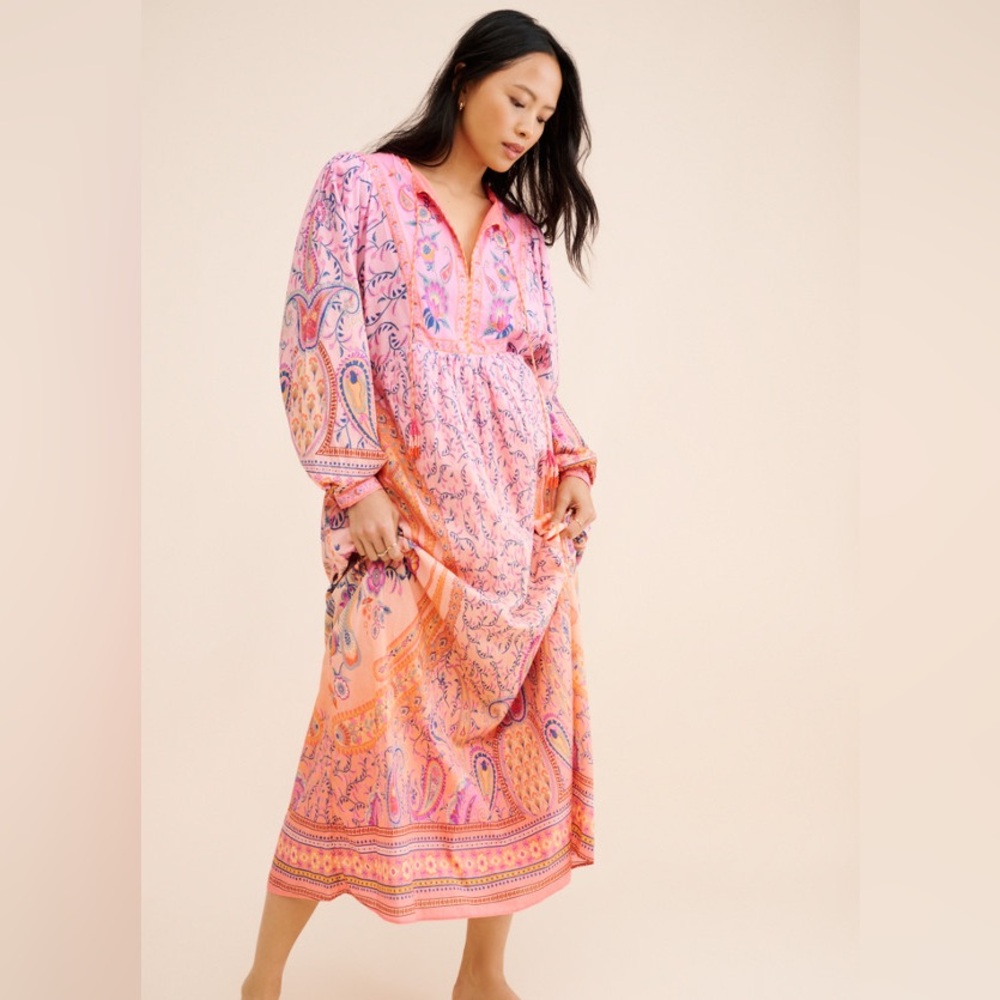 Farm Rio Mystical Winter Print Maxi Dress Floral Paisley Pink Orange Pastel S